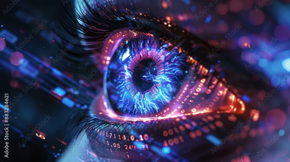 A close-up of a human eye with glowing digital elements, representing advanced technology and cybersecurity in a futuristic context. A close-up of a human eye with glowing digital elements, representing advanced technology and cybersecurity in a futuristic context.
