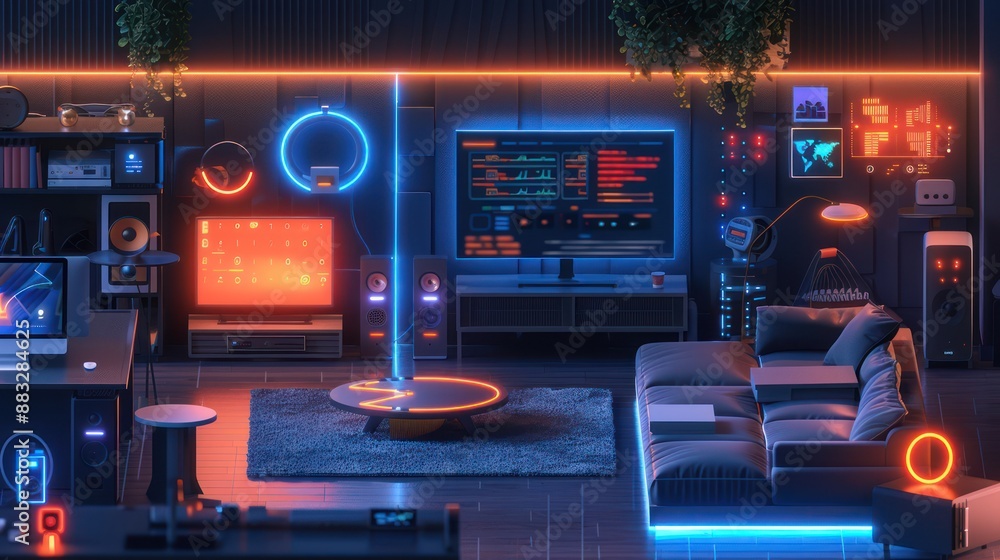Modern living space filled with various smart home devices, smart lights. Modern living space filled with various smart home devices, smart lights.
