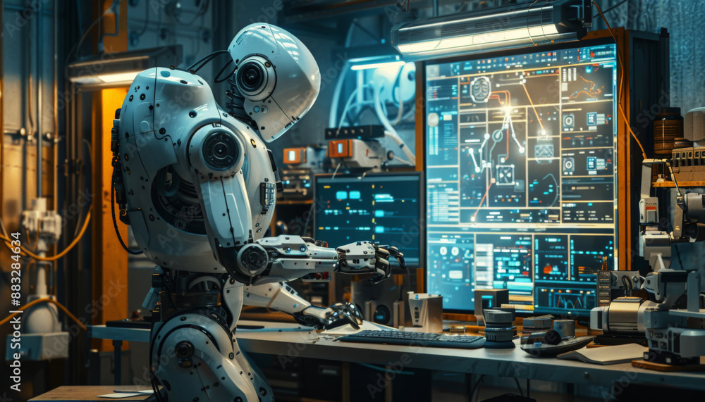 Futuristic Robot Working in High-Tech Laboratory with Advanced Computer Systems and Digital Interfaces Futuristic Robot Working in High-Tech Laboratory with Advanced Computer Systems and Digital Interfaces