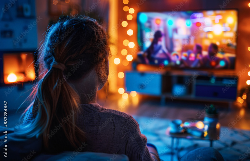 Cozy Evening Indoors with Young Woman Watching TV in Warmly Lit Living Room Cozy Evening Indoors with Young Woman Watching TV in Warmly Lit Living Room