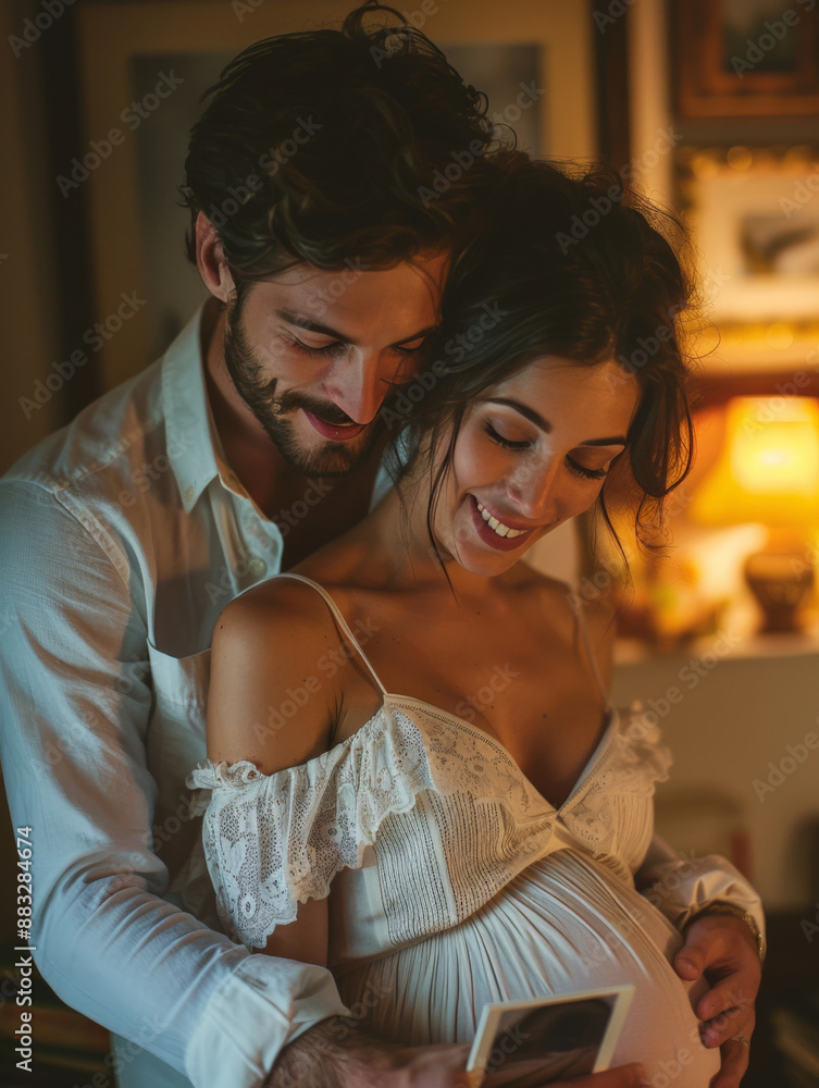 Romantic Couple Embracing and Smiling While Expecting a Baby in a Cozy Home Environment Romantic Couple Embracing and Smiling While Expecting a Baby in a Cozy Home Environment