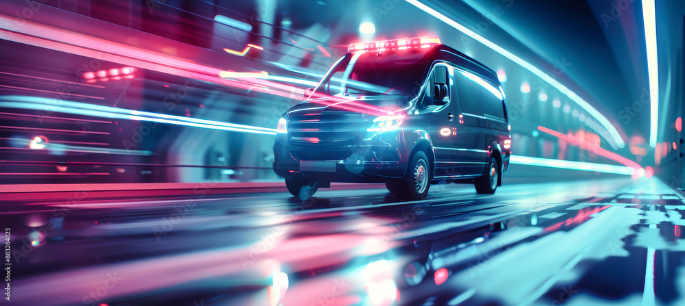A modern ambulance, bathed in blue neon light, races through a city at night. The flashing lights and speed lines create a dynamic sense of urgency A modern ambulance, bathed in blue neon light, races through a city at night. The flashing lights and speed lines create a dynamic sense of urgency