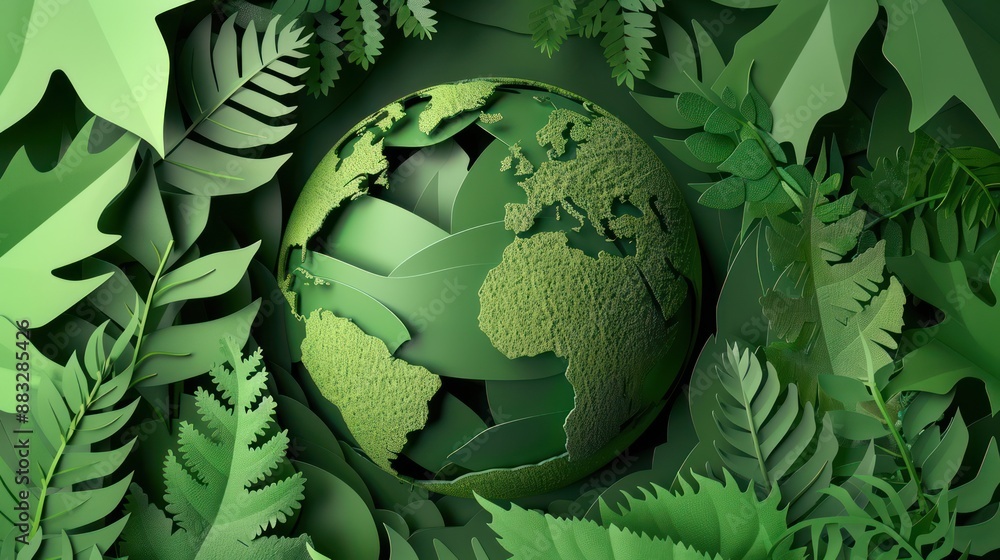 Fototapeta premium Cut paper that forms a green globe paper art style