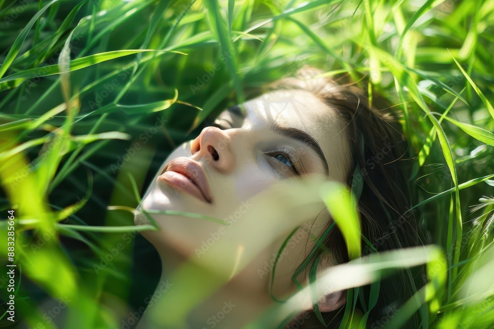 serene image of a woman lying in lush grass head tilted back in relaxation soft natural lighting and shallow depth of field create an intimate peaceful atmosphere celebrating natures embrace serene image of a woman lying in lush grass head tilted back in relaxation soft natural lighting and shallow depth of field create an intimate peaceful atmosphere celebrating natures embrace