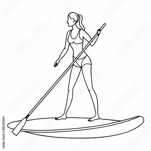 single line drawing of a woman standup paddle boarding. The illustration should be in line art vector style and isolated on a white background (28)