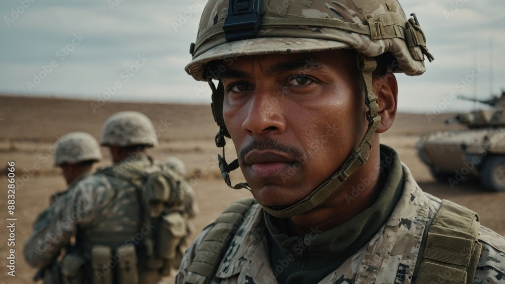 A soldier in combat gear and helmet during desert training, looking serious and focused, with other soldiers and a tank in the background.
A soldier in combat gear and helmet during desert training, looking serious and focused, with other soldiers and a tank in the background.