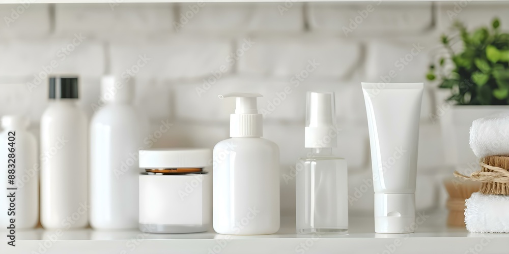 Niacinamide in beauty products on display shelf with skincare items. Concept Skincare Trends, Niacinamide Benefits, Product Display, Beauty Shelf, Skin Care Routine Niacinamide in beauty products on display shelf with skincare items. Concept Skincare Trends, Niacinamide Benefits, Product Display, Beauty Shelf, Skin Care Routine