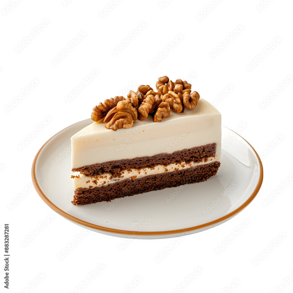 Tempting slice of swiss carrot cake with cream frosting and walnut toppings, isolated Tempting slice of swiss carrot cake with cream frosting and walnut toppings, isolated
