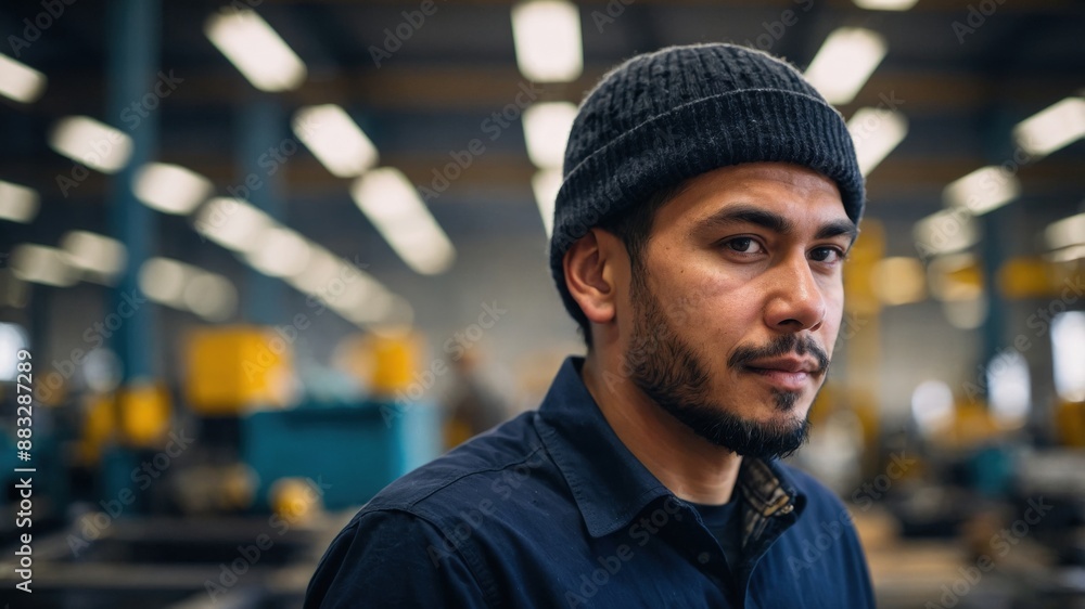 A focused factory worker wearing a beanie hat in an industrial setting, with machinery and a well-lit background.
A focused factory worker wearing a beanie hat in an industrial setting, with machinery and a well-lit background.