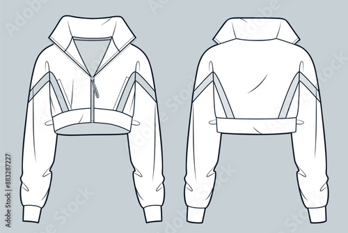 Zipped Sweatshirt technical fashion illustration. Roll Neck cropped Sweatshirt fashion flat technical drawing template, oversized, front and back view, white color, women, men, unisex CAD mockup.