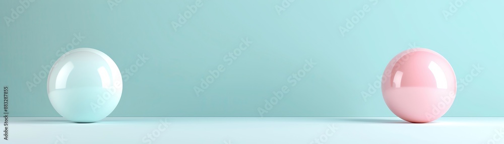 Minimalist composition featuring two glossy spheres, one blue and one pink, against a light blue background, showcasing balance and symmetry. Minimalist composition featuring two glossy spheres, one blue and one pink, against a light blue background, showcasing balance and symmetry.