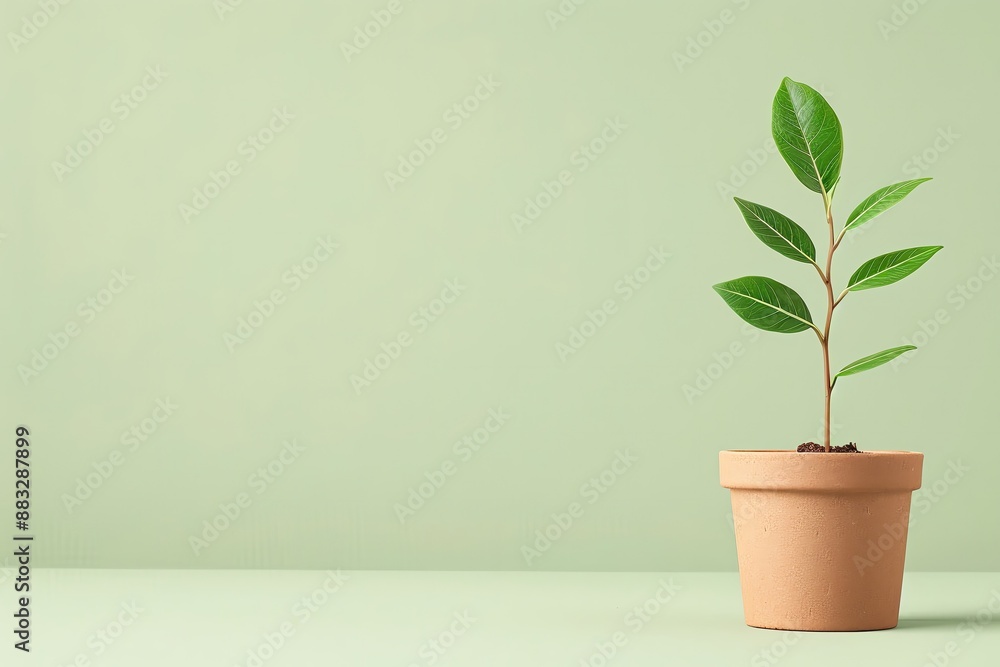 Minimalist green indoor plant in a terracotta pot against a pastel green background, emphasizing simplicity and natural decor. Minimalist green indoor plant in a terracotta pot against a pastel green background, emphasizing simplicity and natural decor.