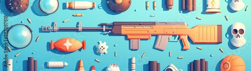 Illustration of various weapons and ammunition arranged on a blue background, featuring stylized and colorful military elements.