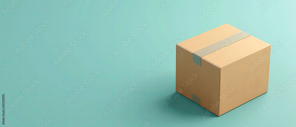 Fototapeta premium Minimalistic image of a cardboard box placed on a turquoise background, ideal for shipping or packaging themes.