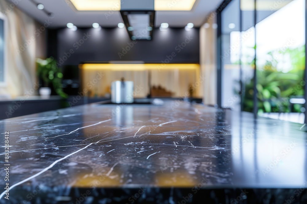 sleek dark marble kitchen island bathed in soft focus light modern minimalist design with gleaming surfaces and blurred background suggesting spacious luxury sleek dark marble kitchen island bathed in soft focus light modern minimalist design with gleaming surfaces and blurred background suggesting spacious luxury