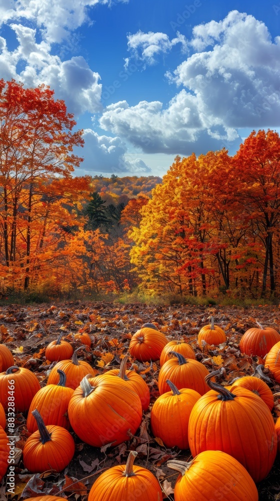 Scenic autumn landscape with a pumpkin patch and colorful trees, capturing the essence of fall