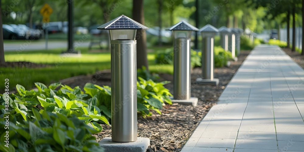 Fototapeta premium City park with solar lights EV charging stations and recycling bins. Concept City Parks, Solar Lights, EV Charging Stations, Recycling Bins