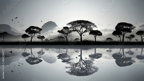 Silhouetted African trees are beautifully reflected in still water with distant mountains and flying birds in the background.
