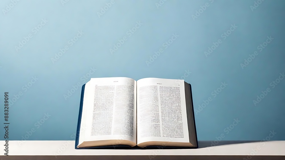 Obraz premium Spiritual Reading: Pages of the Holy Bible Revealed with Blank Canvas and space for quotes and Verses writing in blue background 
