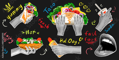 Trendy set of fast food stickers in hands with halftone effect and children's pencil doodles, rough texture. Lips, soda, hot dog, taco in retro collage style.