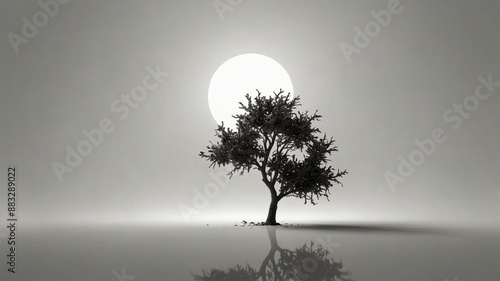 Single tree reflected on a smooth surface with the moon in the background, creating a minimalist and serene scene.
