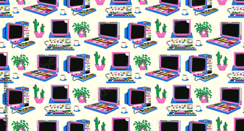 Seamless pattern with a desktop computer from the 80s and 90s. Vector background in y2k style with vintage computer and houseplants.