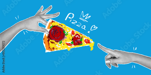 Trendy pop art illustration of Italian fast food with halftone effect and childish pencil doodles, rough texture. Piece of pizza in hands. Advertising banner in retro collage style.