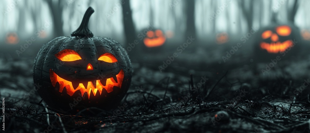 Fototapeta premium Dim forest with children carving pumpkins, creepy faces emerging from the darkness, haunting ambiance, watercolor, muted tones