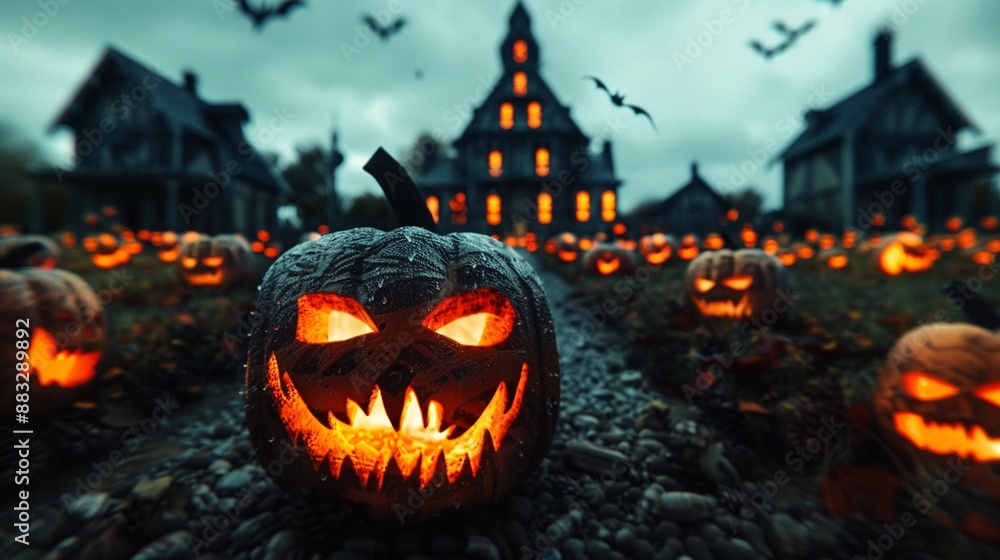 Gloomy village square with ghostly jackolanterns, dim lantern light and eerie decorations, digital art, spooky and festive Gloomy village square with ghostly jackolanterns, dim lantern light and eerie decorations, digital art, spooky and festive