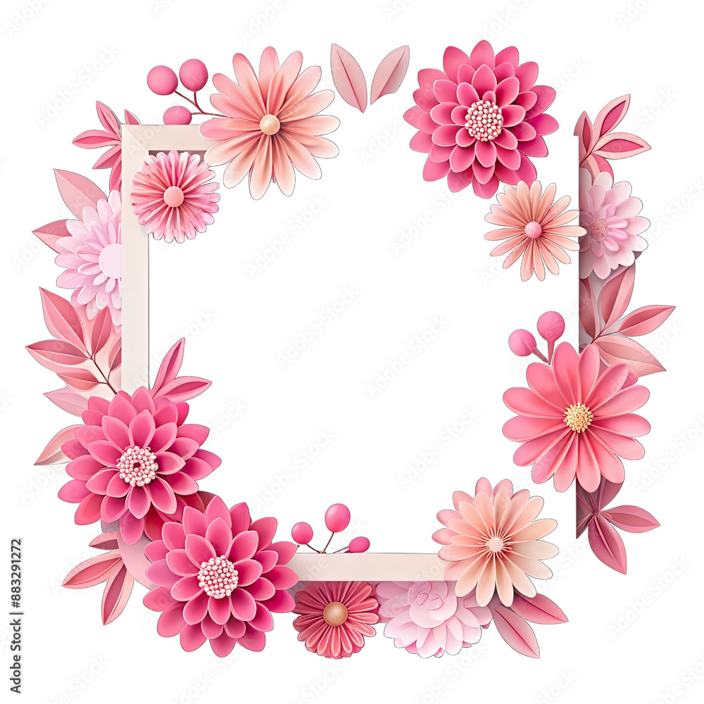 A square white frame adorned with a delicate border of pink paper flowers, perfect for a Mothers Day card or message. Generative AI A square white frame adorned with a delicate border of pink paper flowers, perfect for a Mothers Day card or message. Generative AI