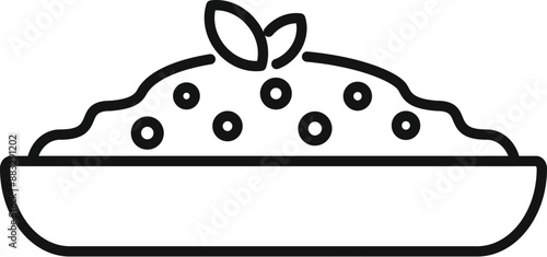 Simple icon of a bowl containing hummus with chickpeas and basil leaves, representing a healthy and tasty vegetarian appetizer