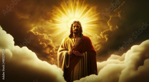 Dramatic depiction of Jesus Christ with radiant light beams in cloudy backdrop