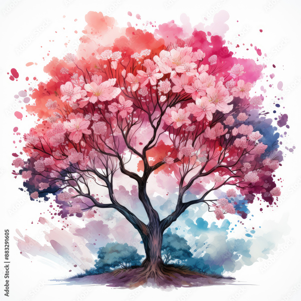 Watercolor Abstract Blossom Tree Illustration, Generative Ai Watercolor Abstract Blossom Tree Illustration, Generative Ai