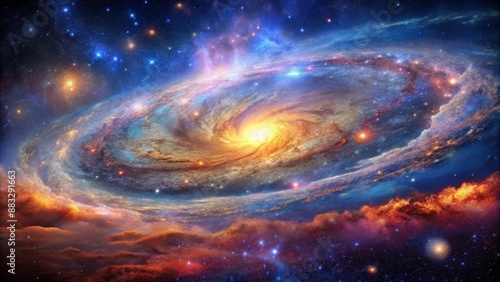 Spiral Galaxy in Deep Space with Colorful Nebula and Bright Stars - A stunning image of a spiral galaxy, swirling within the vast expanse of space, surrounded by a vibrant, colorful nebula and twinkli photo