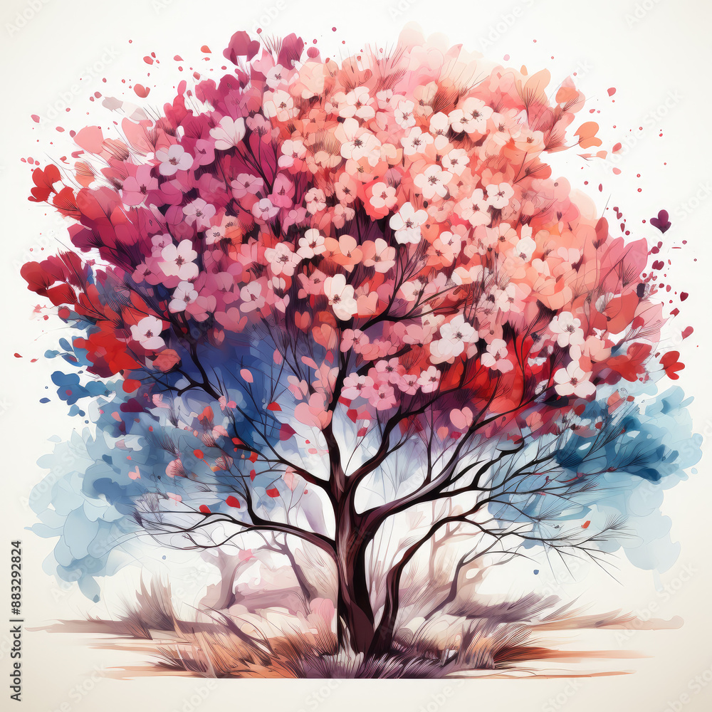 Watercolor Abstract Blossom Tree Illustration, Generative Ai Watercolor Abstract Blossom Tree Illustration, Generative Ai