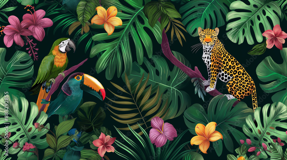 A colorful jungle scene with a parrot and a jaguar A colorful jungle scene with a parrot and a jaguar