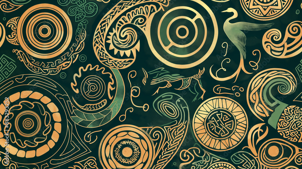 A green and gold patterned background with a bird and a horse A green and gold patterned background with a bird and a horse