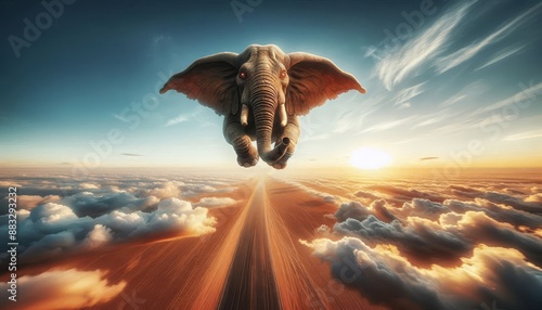 Flying Elephant Soaring Above the Clouds in a Surreal Sunset Sky - A majestic elephant flies above a sea of clouds during a vibrant sunset, creating a whimsical and surreal scene in the sky. photo