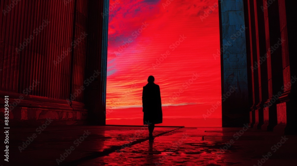 A man walks through a red doorway into a dark room. The room is lit by a red light, creating a moody atmosphere. A man walks through a red doorway into a dark room. The room is lit by a red light, creating a moody atmosphere.