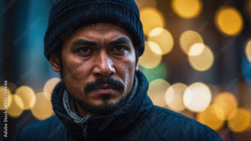 A serious man wearing a beanie and a jacket stands in an urban night scene with blurred city lights in the background.
A serious man wearing a beanie and a jacket stands in an urban night scene with blurred city lights in the background.
