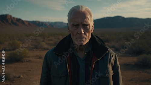 An elderly man with a serious expression stands in a vast desert landscape, evoking themes of solitude and resilience.

