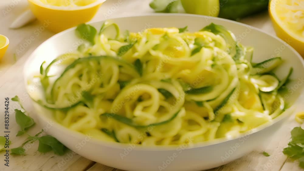 A light and refreshing side dish of spiralized zucchini noodles tossed in a tangy lemon and avocado oil dressing perfect for a summer barbecue. A light and refreshing side dish of spiralized zucchini noodles tossed in a tangy lemon and avocado oil dressing perfect for a summer barbecue.