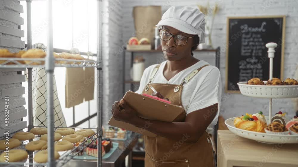 Portrait of an african american woman wearing glasses while writing on a clipboard in a bakery room surrounded by pastries and desserts Portrait of an african american woman wearing glasses while writing on a clipboard in a bakery room surrounded by pastries and desserts