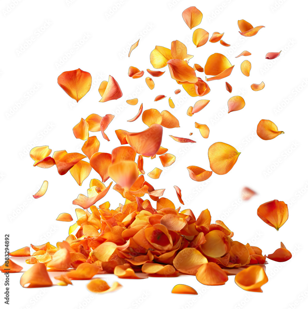 A pile of orange rose petals sits on a white background, with more petals floating in the air. Generative AI A pile of orange rose petals sits on a white background, with more petals floating in the air. Generative AI