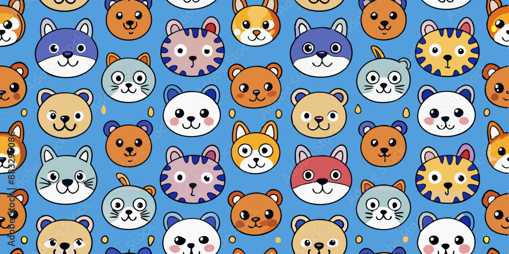illustration, seamless pattern, cute animal faces, cats, dogs, tigers, pandas, cartoon style, vivid colors, shades of blue, orange, white, detailed facial features, expressive eyes, repeating tiles
illustration, seamless pattern, cute animal faces, cats, dogs, tigers, pandas, cartoon style, vivid colors, shades of blue, orange, white, detailed facial features, expressive eyes, repeating tiles
