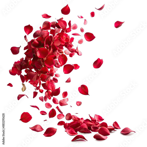 A cluster of red rose petals are scattered and floating on a white background, creating a romantic and elegant image. Generative AI
