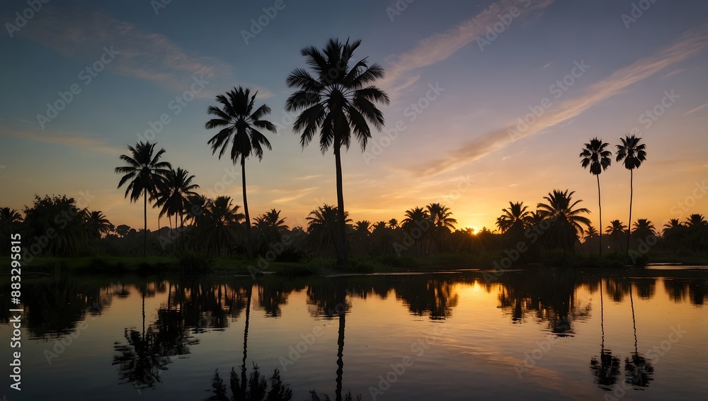 The tranquility of an oasis at dawn, surrounded by palm trees and still waters ai_generated The tranquility of an oasis at dawn, surrounded by palm trees and still waters ai_generated