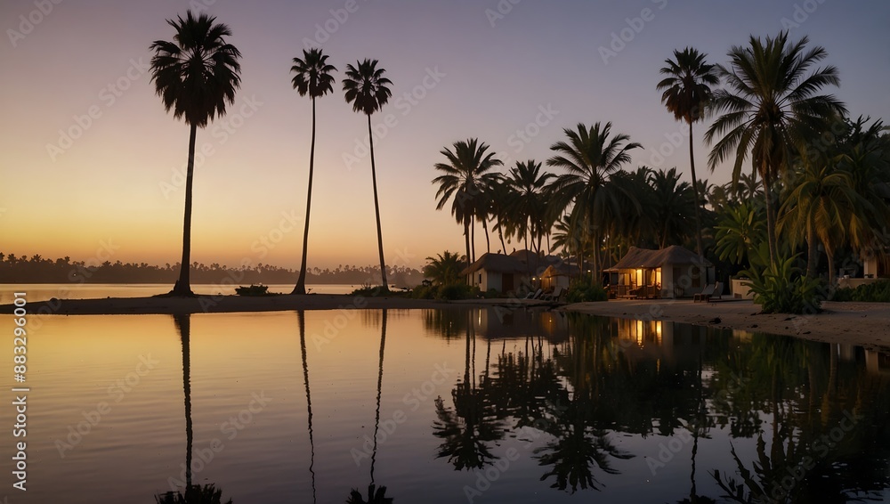 Obraz premium The tranquility of an oasis at dawn, surrounded by palm trees and still waters ai_generated