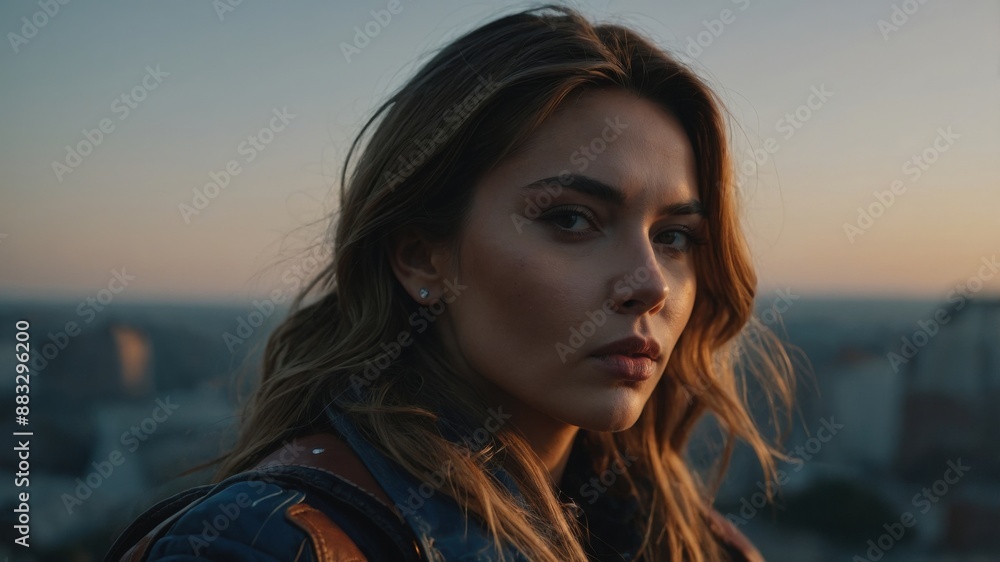 Young woman with a pensive expression standing outdoors at sunset, with an urban skyline in the background, capturing a reflective mood.
Young woman with a pensive expression standing outdoors at sunset, with an urban skyline in the background, capturing a reflective mood.