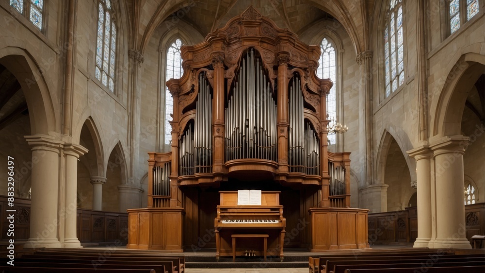 Obraz premium A grand pipe organ dominates the interior of a historic church, showcasing exquisite craftsmanship and architectural beauty. 